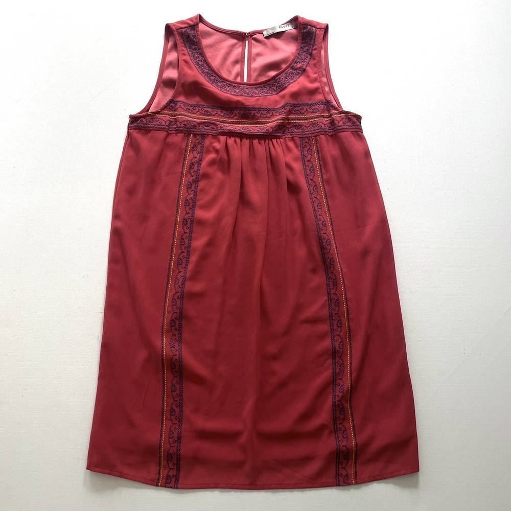 Entro Women's Medium Red Sleeveless Embroidered Boho Pleated Peasant Chic Dress